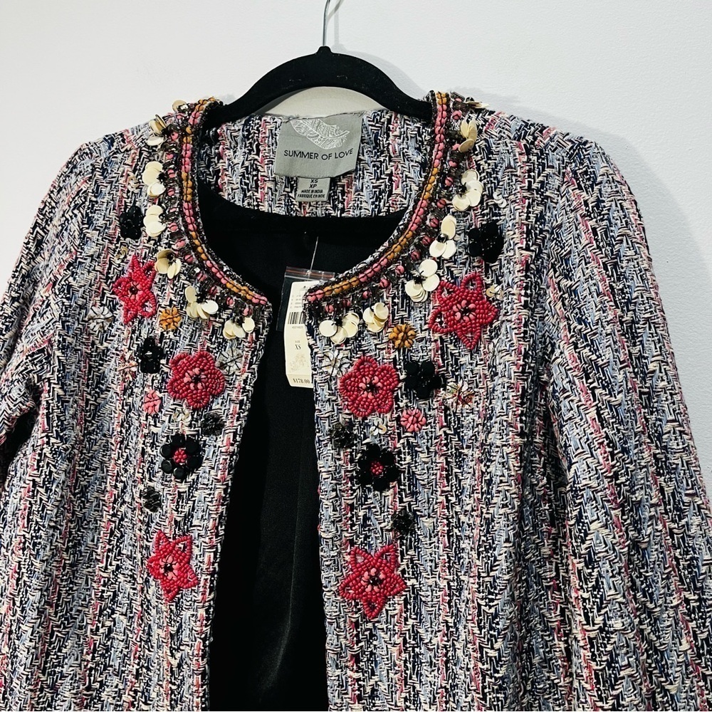 NEW Anthropologie Summer Love Suzy Embellished Beaded Pink Tweed Blazer Jacket - Picture 7 of 11